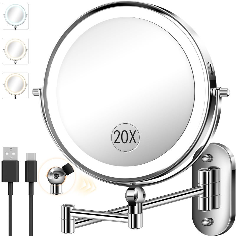 vpu 9 Wall Mounted Makeup Mirror with Light 20X1X Height Adjustable Double Sided Magnifying Bathroom Lighted Mirror 3 Color Touch Dimmable Extended Arm 360 Rotation Light up Magnification Mirrors